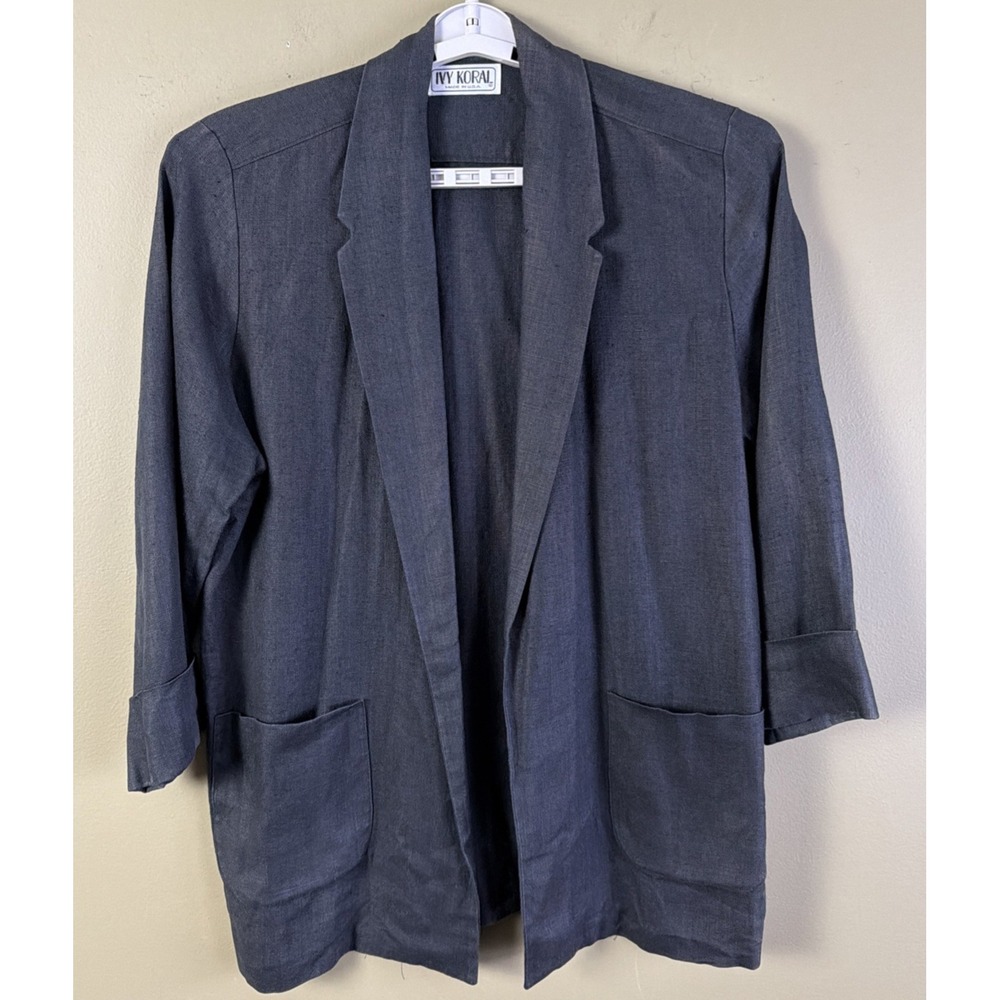 Vintage Women's 100% Linen Open Blazer Jacket Black M Ivy Koral Made in USA NWOT